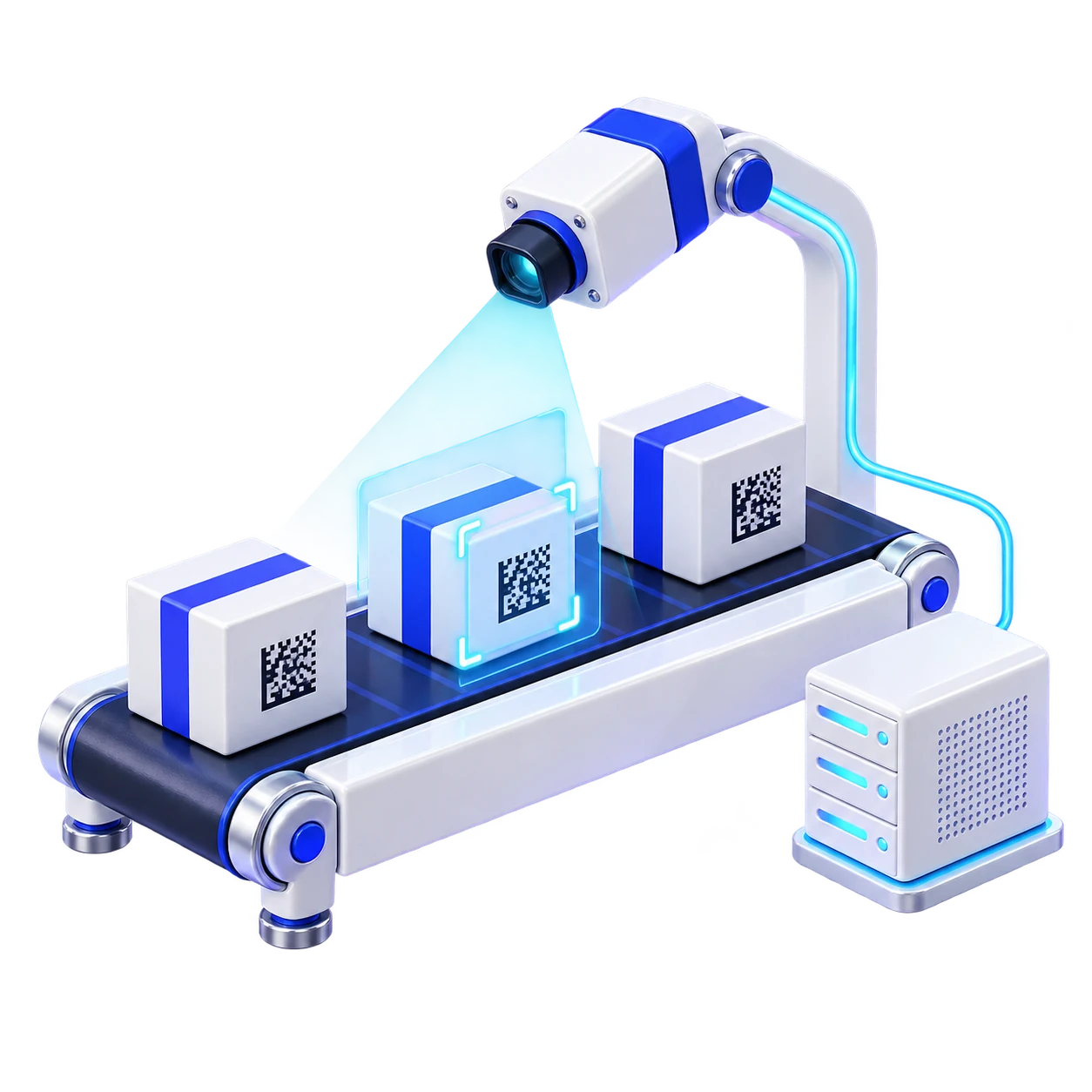 Illustration of an industrial camera, conveyor and recognition server