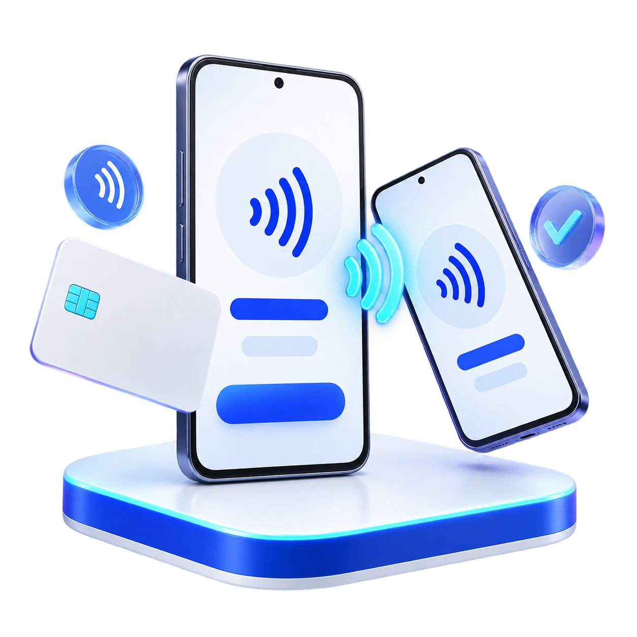 Conceptual illustration of contactless smartphone payment: two Android devices and a bank card