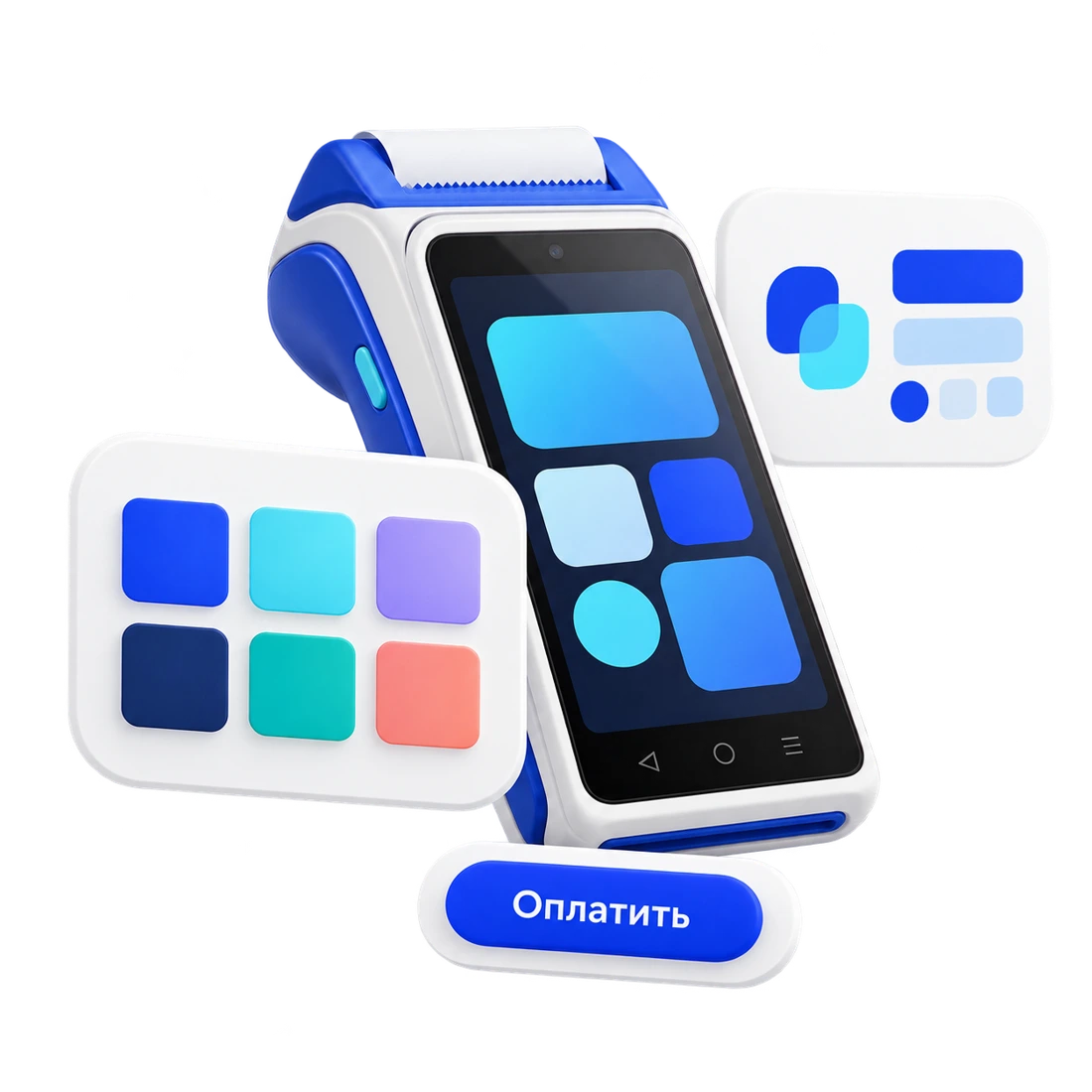 Illustration of JoinPOS branding: terminal, palette and interface elements