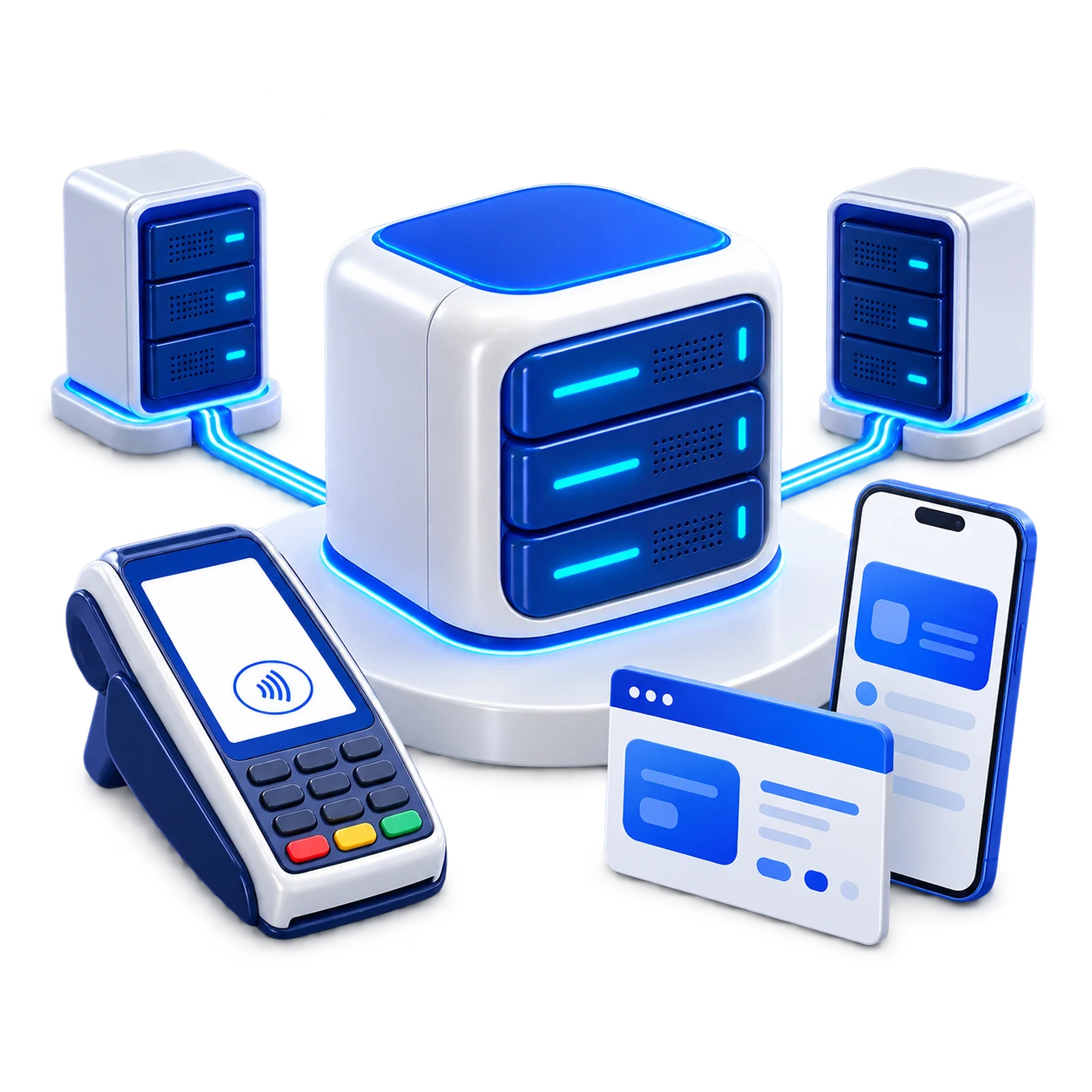 Conceptual illustration: terminal, app and web form connected to processing centres through JoinPSP