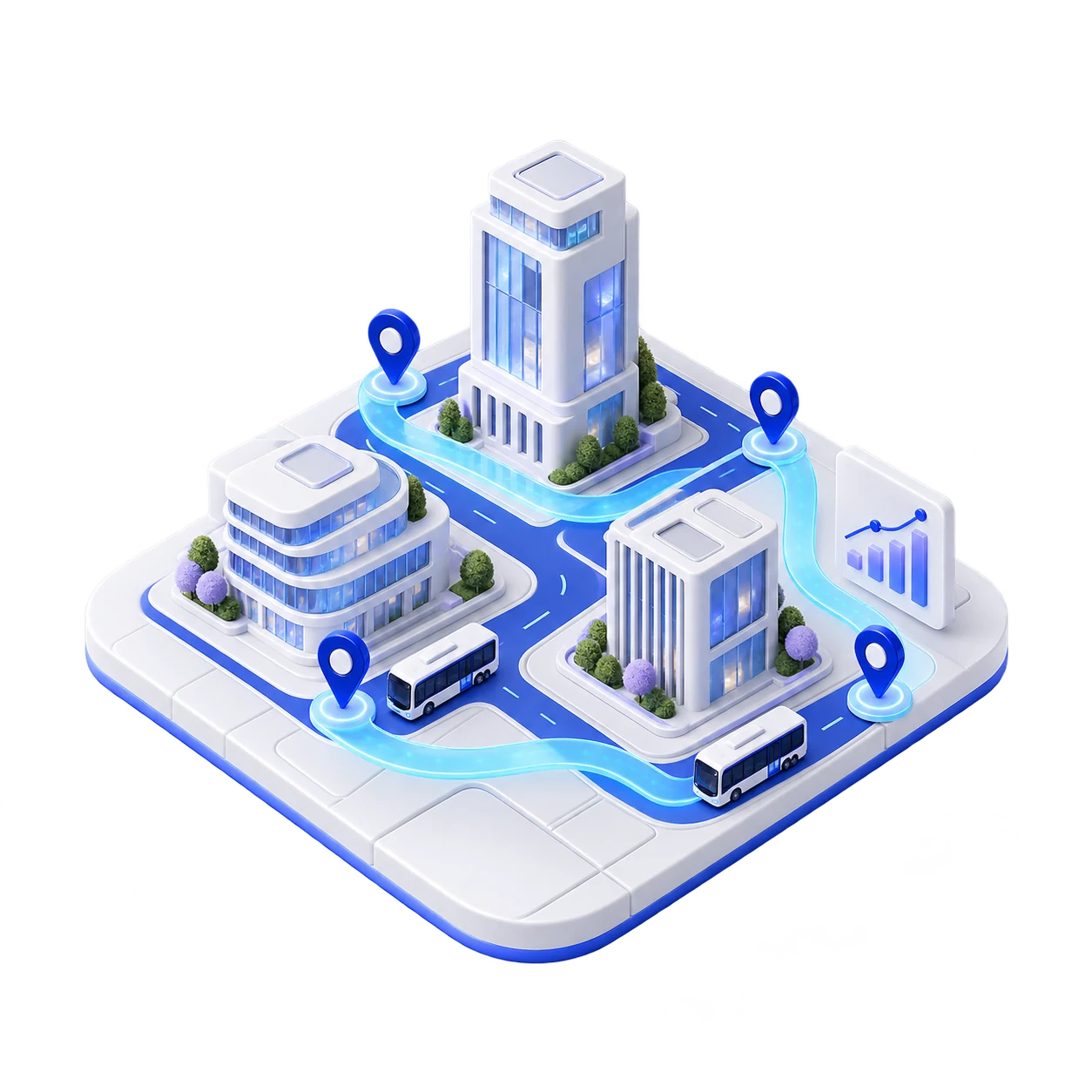 3D illustration of a city, buses and route network
