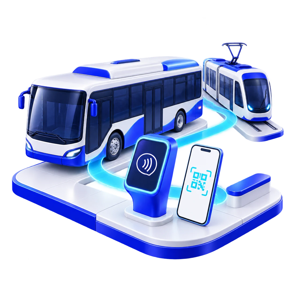 Illustration of a bus, tram, validator and phone for fare payment